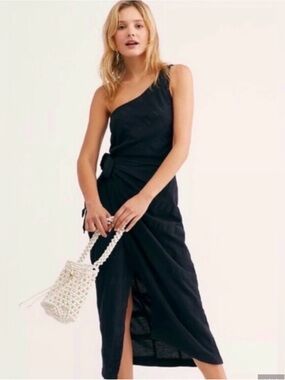 Free People One-Shoulder Black Midi Dress with Side Tie